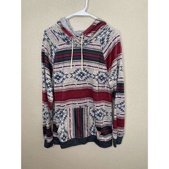 Brooklyn Cloth Mens Aztec Striped Pullover Hoodie M Red Gray Polyester Pocket - Picture 2 of 7